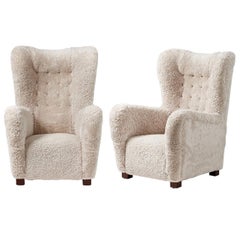 Pair of Fritz Hansen 1940s Sheepskin Wing Chairs