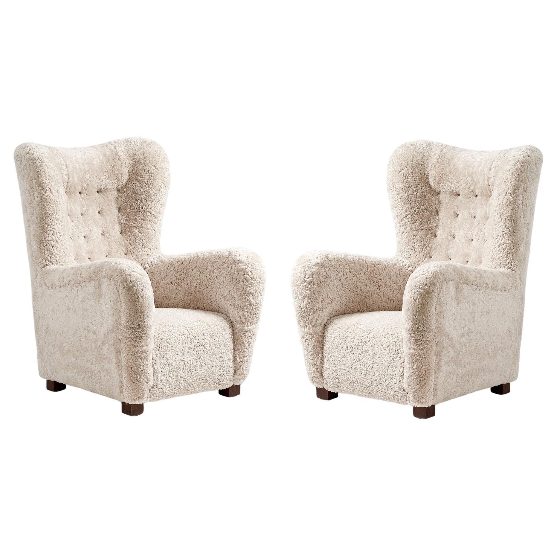 Pair of Fritz Hansen 1940s Sheepskin Wing Chairs