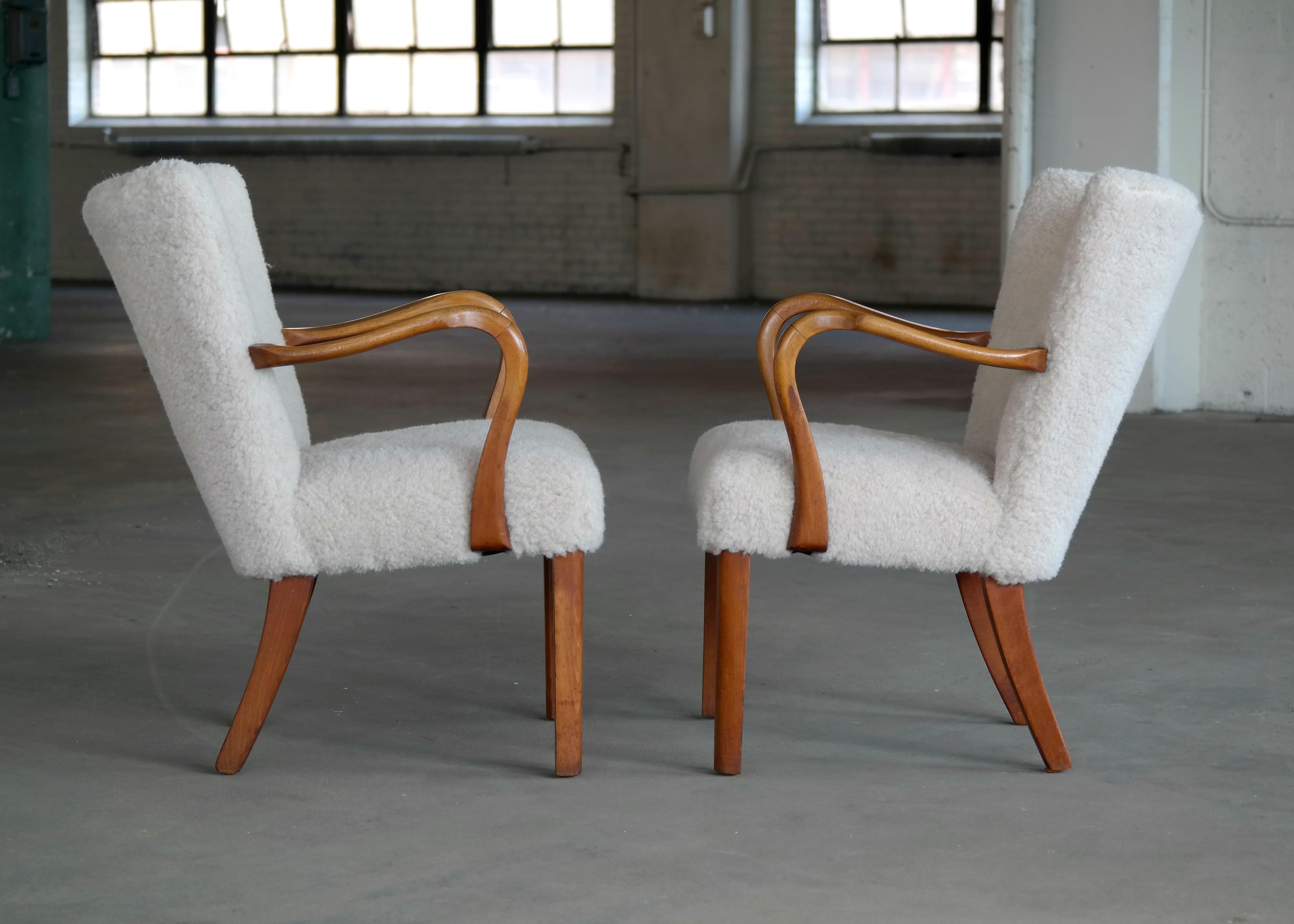 Pair of Fritz Hansen attributed Danish Easy Chairs Covered in Lambswool 1950. 10