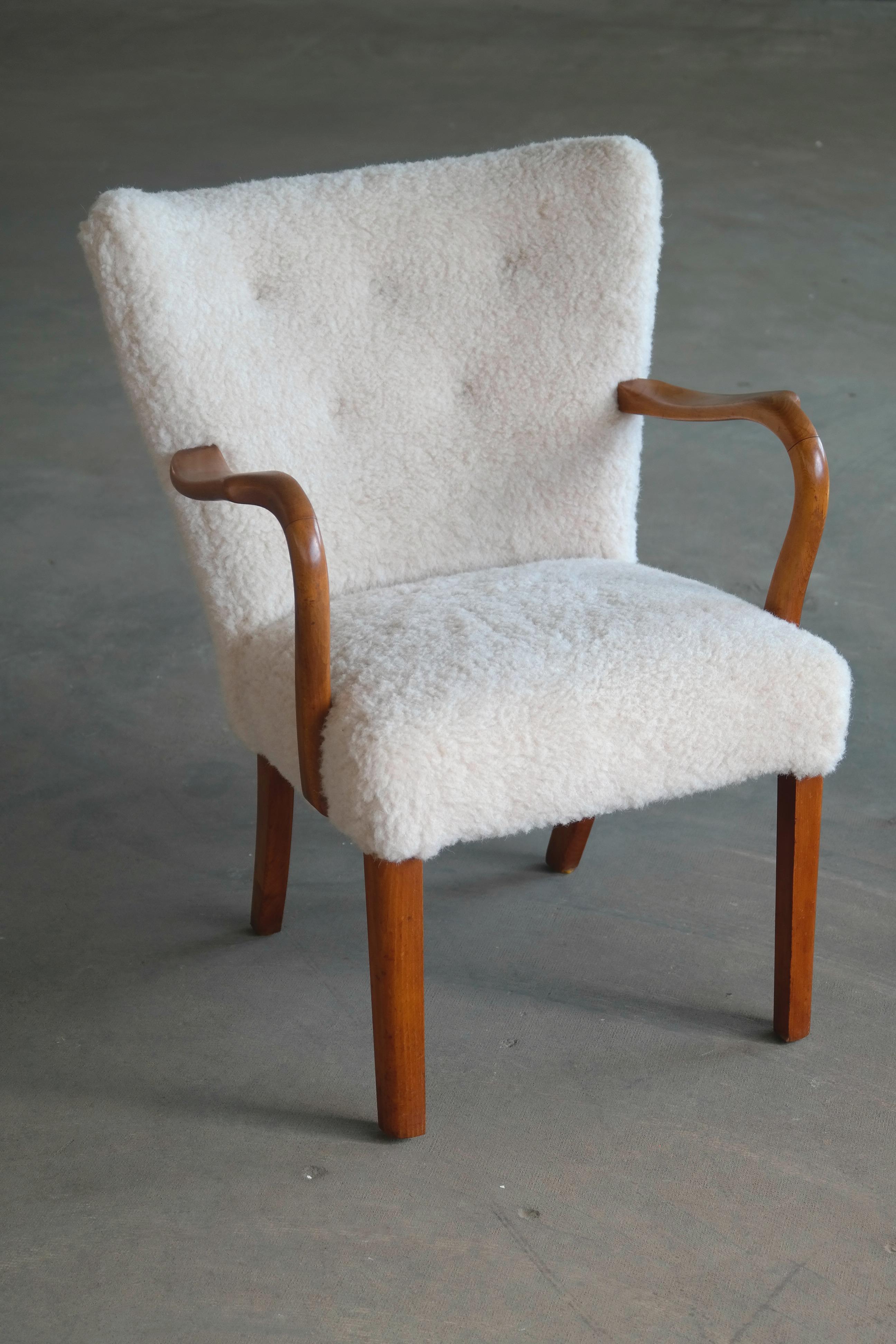 Wool Pair of Fritz Hansen attributed Danish Easy Chairs Covered in Lambswool 1950.