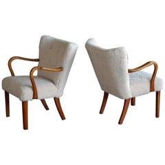 Retro Pair of Fritz Hansen Attributed Danish Easy Chairs Covered in Lambswool 1950