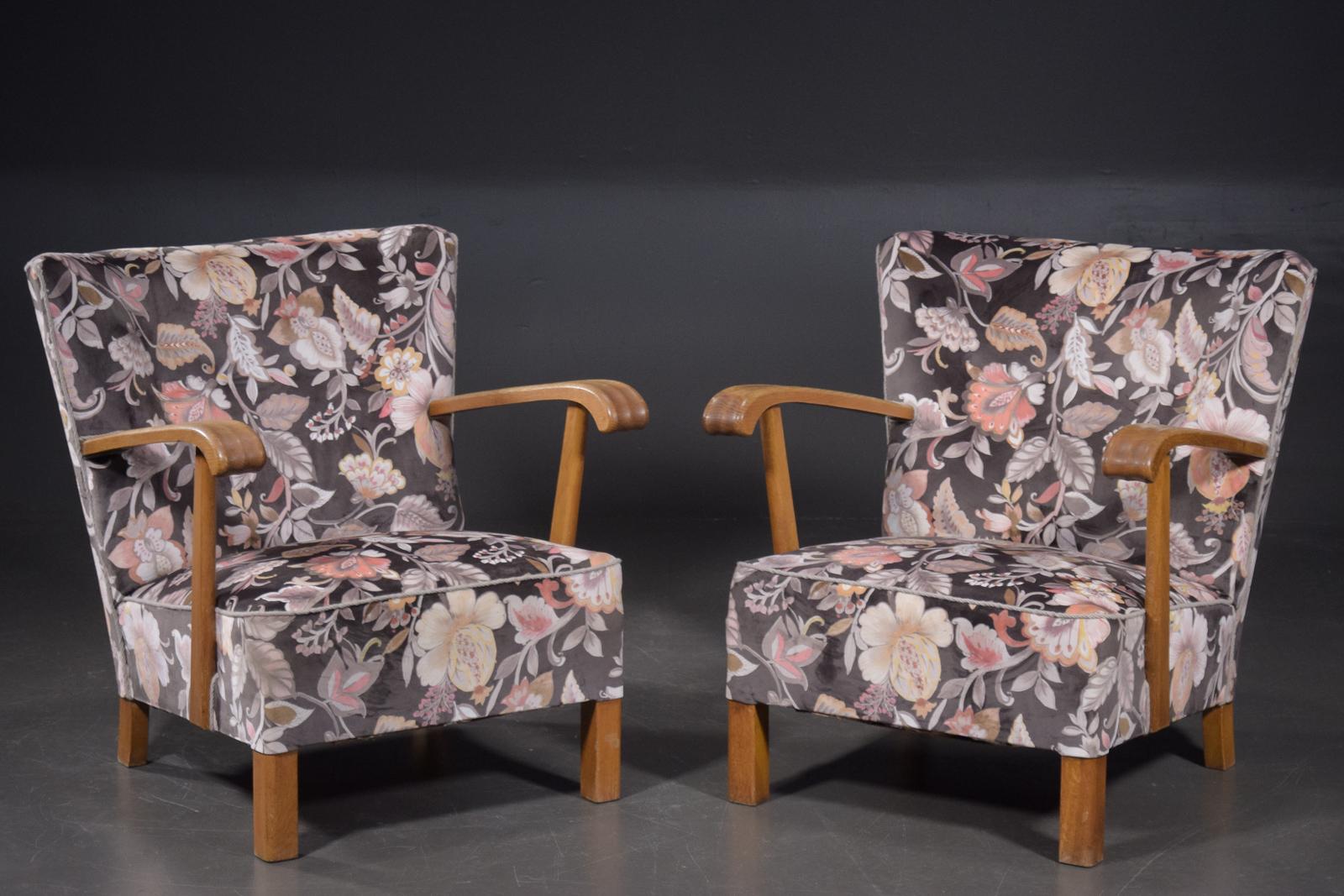 Pair of elegant and charming easy chairs from the late 1940svery typical of Fritz Hansen's design style both in terms of legs and armrests leading many dealers in Denmark to believe the chairs are indeed by Fritz Hansen. But nobody knows for sure.