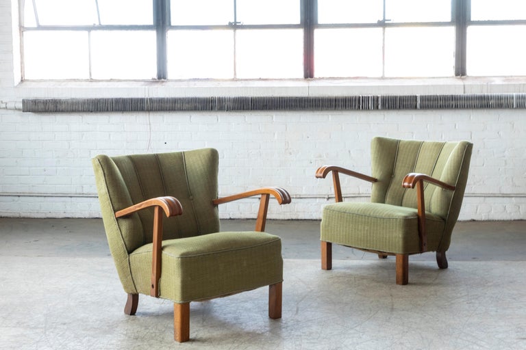 Mid-Century Modern Pair of Fritz Hansen Attributed Danish Easy Lounge or Club Chairs, 1940s