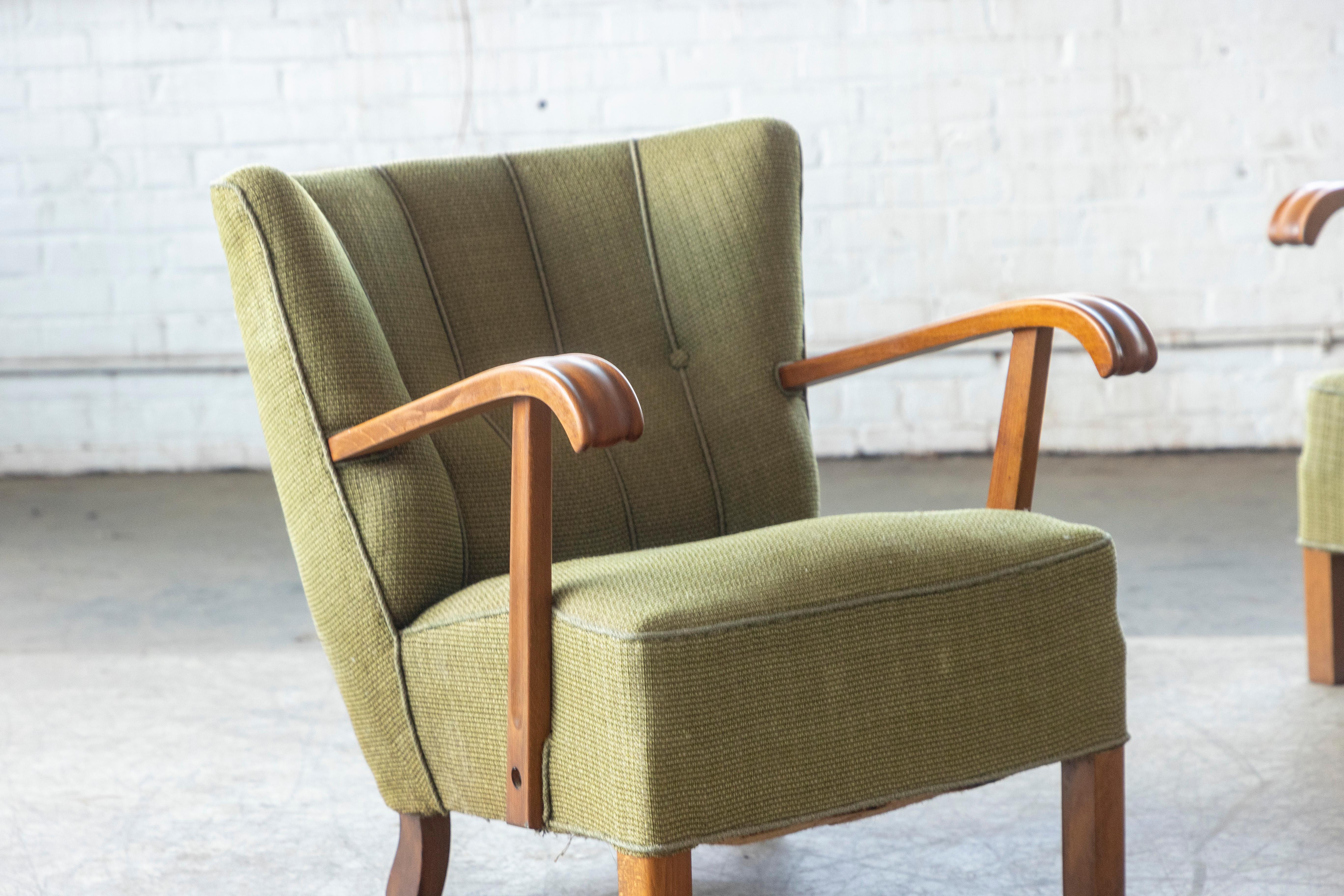 Mid-20th Century Pair of Fritz Hansen Attributed Danish Easy Lounge or Club Chairs, 1940s