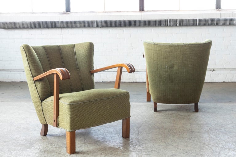 Wool Pair of Fritz Hansen Attributed Danish Easy Lounge or Club Chairs, 1940s