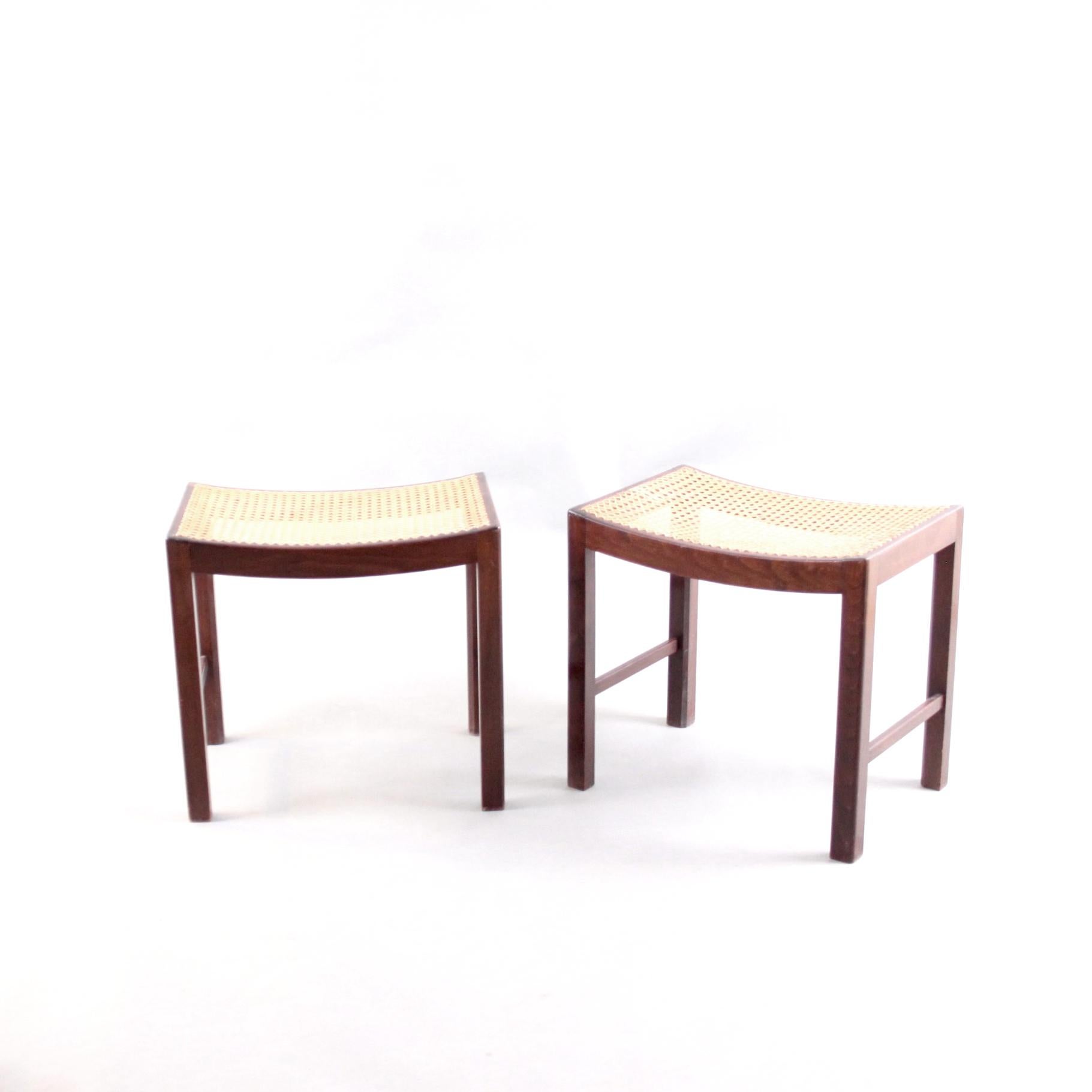Scandinavian Modern Pair of Fritz Hansen Stools with Curved Cane Seats, 1950s