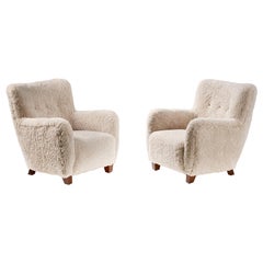 Pair of Fritz Hansen Style 1950s Sheepskin Armchairs
