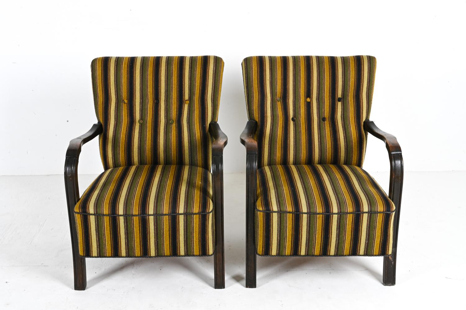 Danish Pair of Fritz Hansen-Style Beechwood Easy Chairs, c. 1940's For Sale