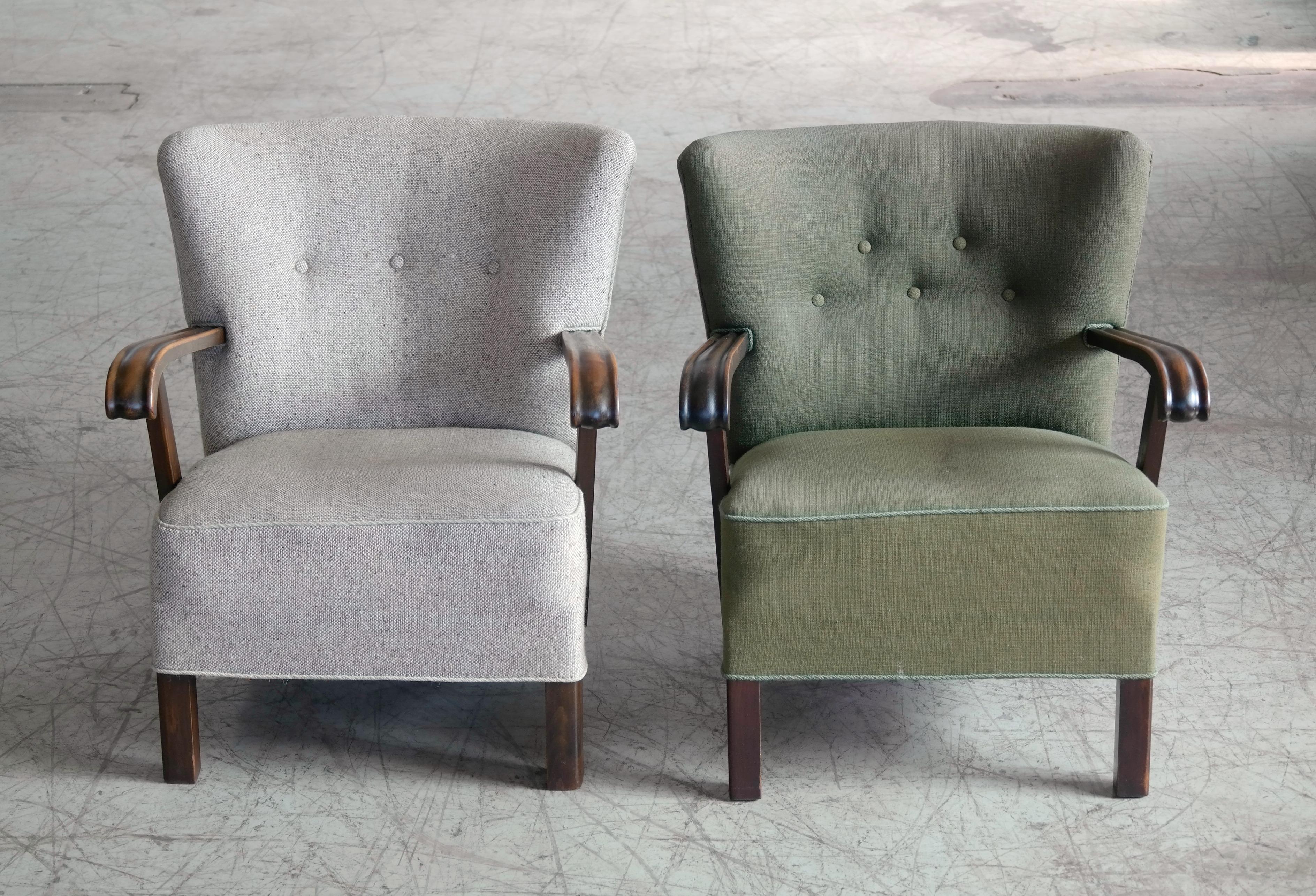 Pair of elegant nice smaller size easy chairs from the late 1940s-1950 very typical of Fritz Hansen's design style both in terms of legs and armrests leading many dealers in Denmark to believe the chairs are indeed by Fritz Hansen. But nobody knows