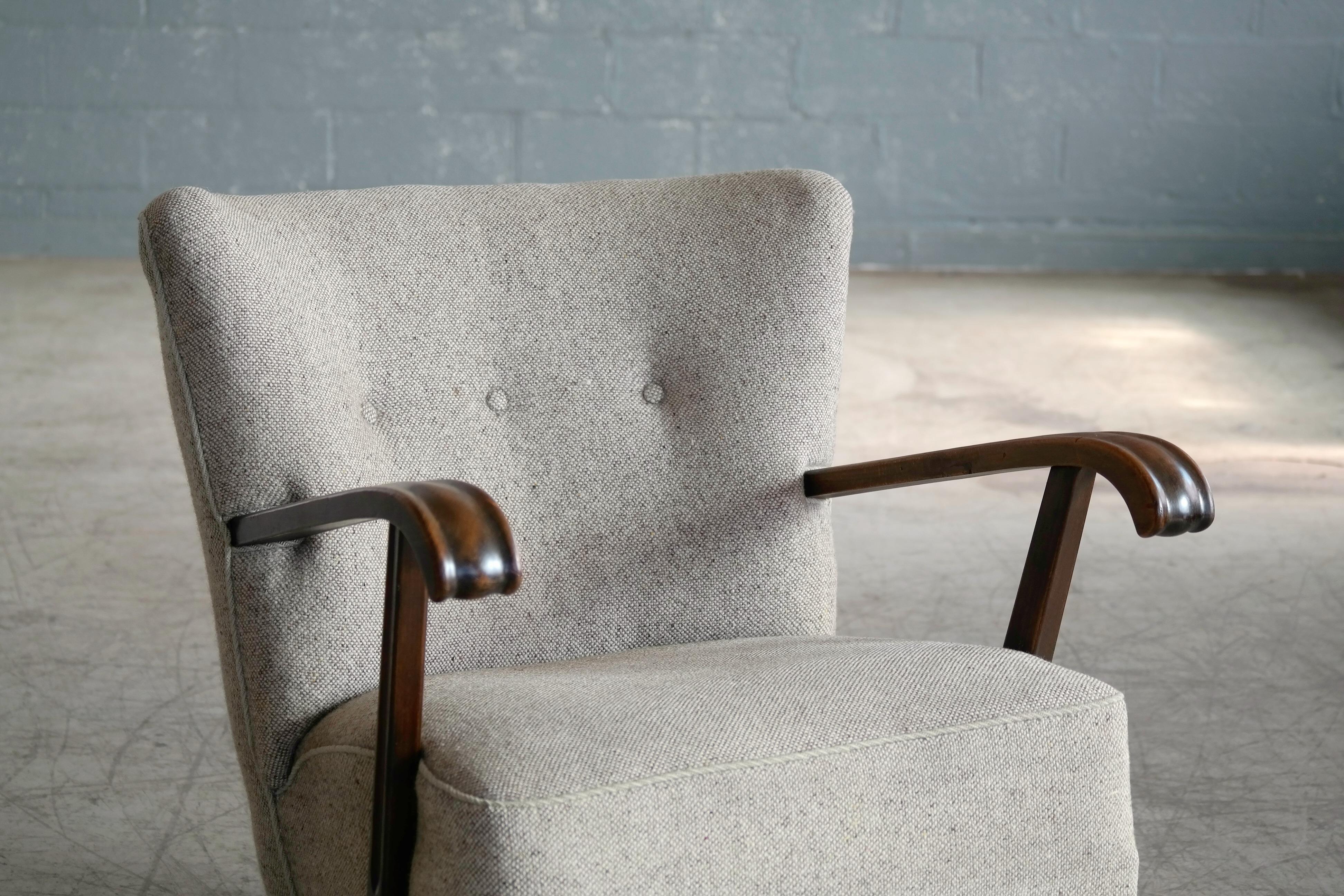 Wool Pair of Fritz Hansen Style Danish Easy Lounge or Club Chairs, 1940s