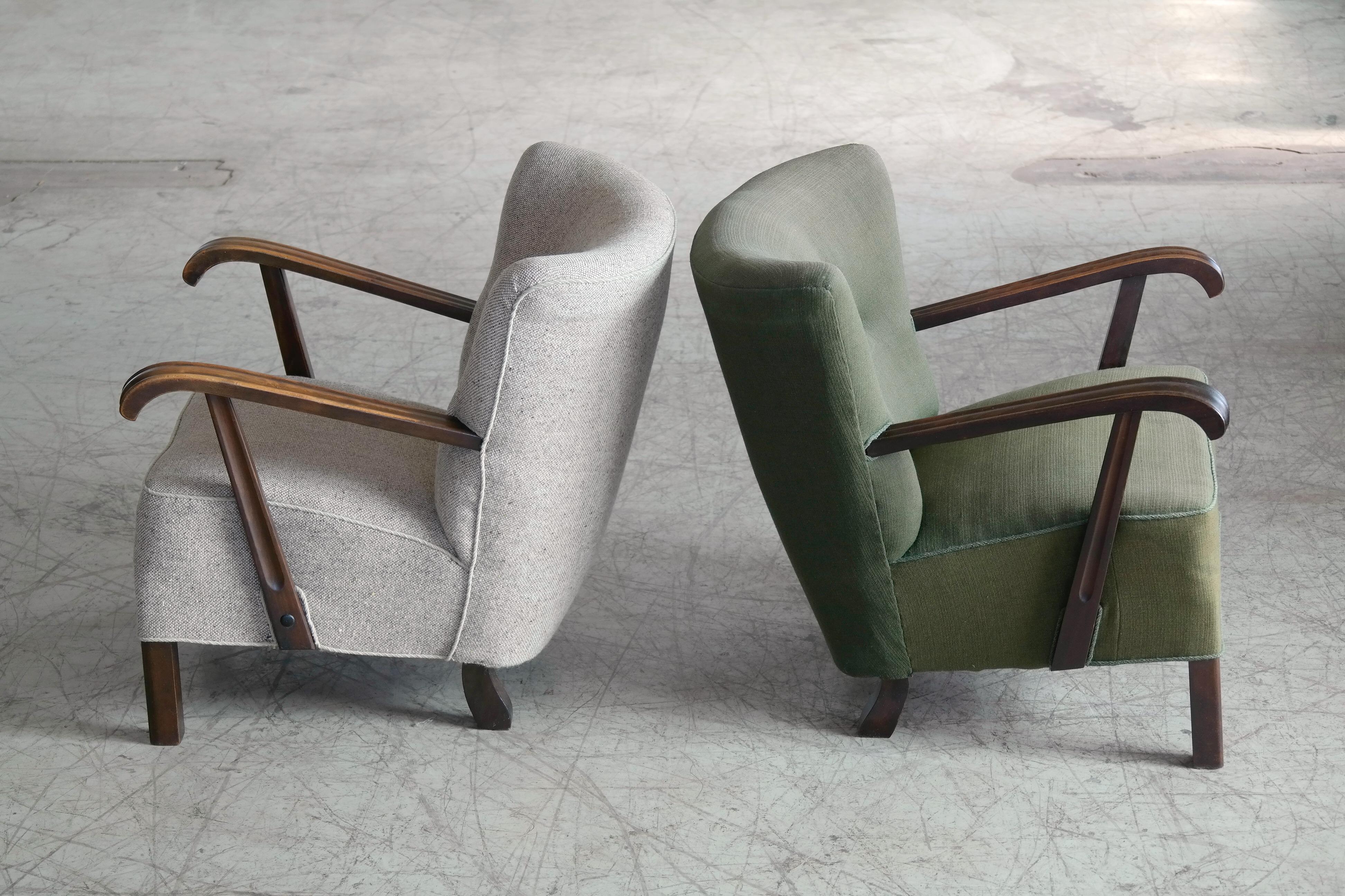 Pair of Fritz Hansen Style Danish Easy Lounge or Club Chairs, 1940s 1