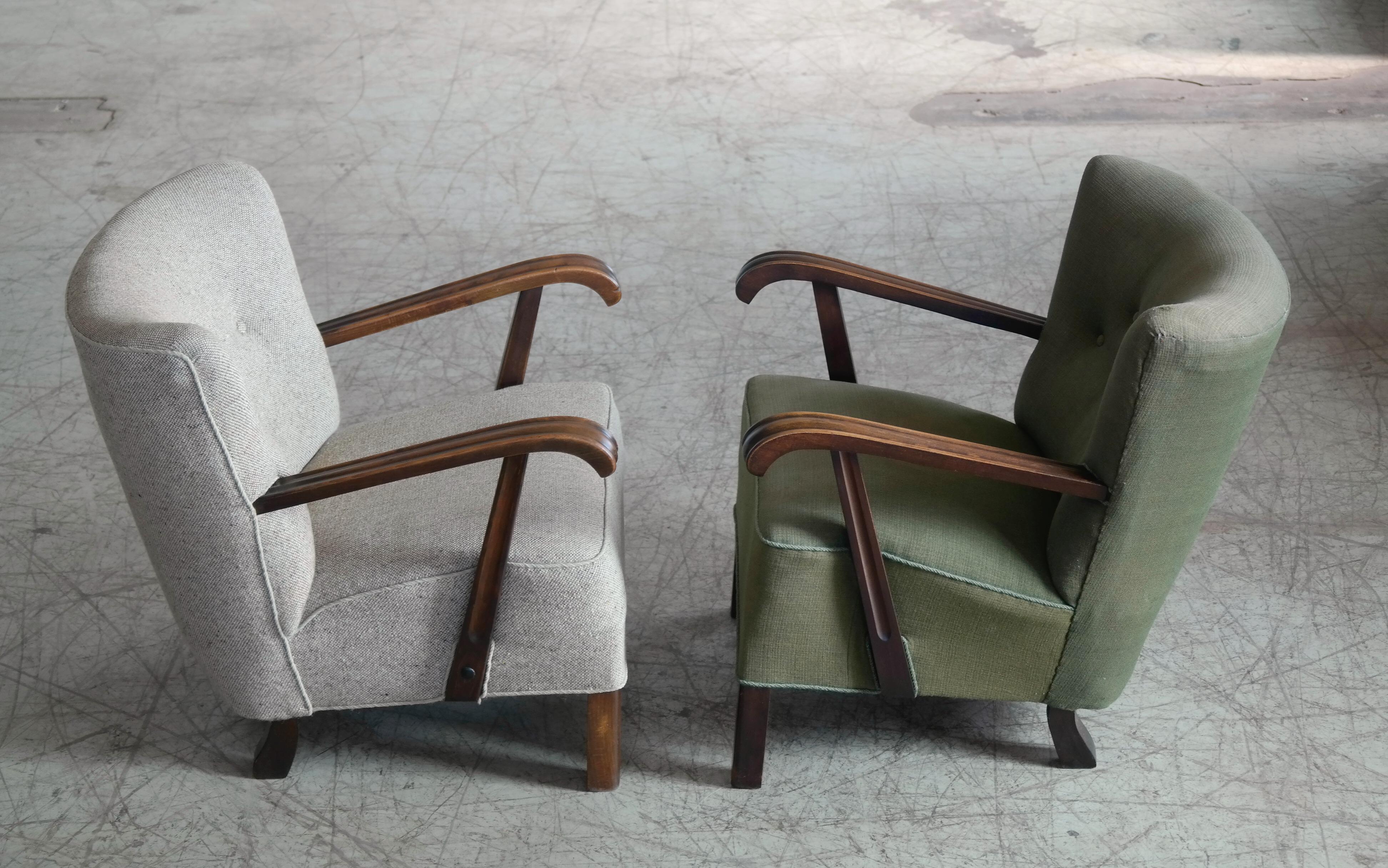 Pair of Fritz Hansen Style Danish Easy Lounge or Club Chairs, 1940s 3