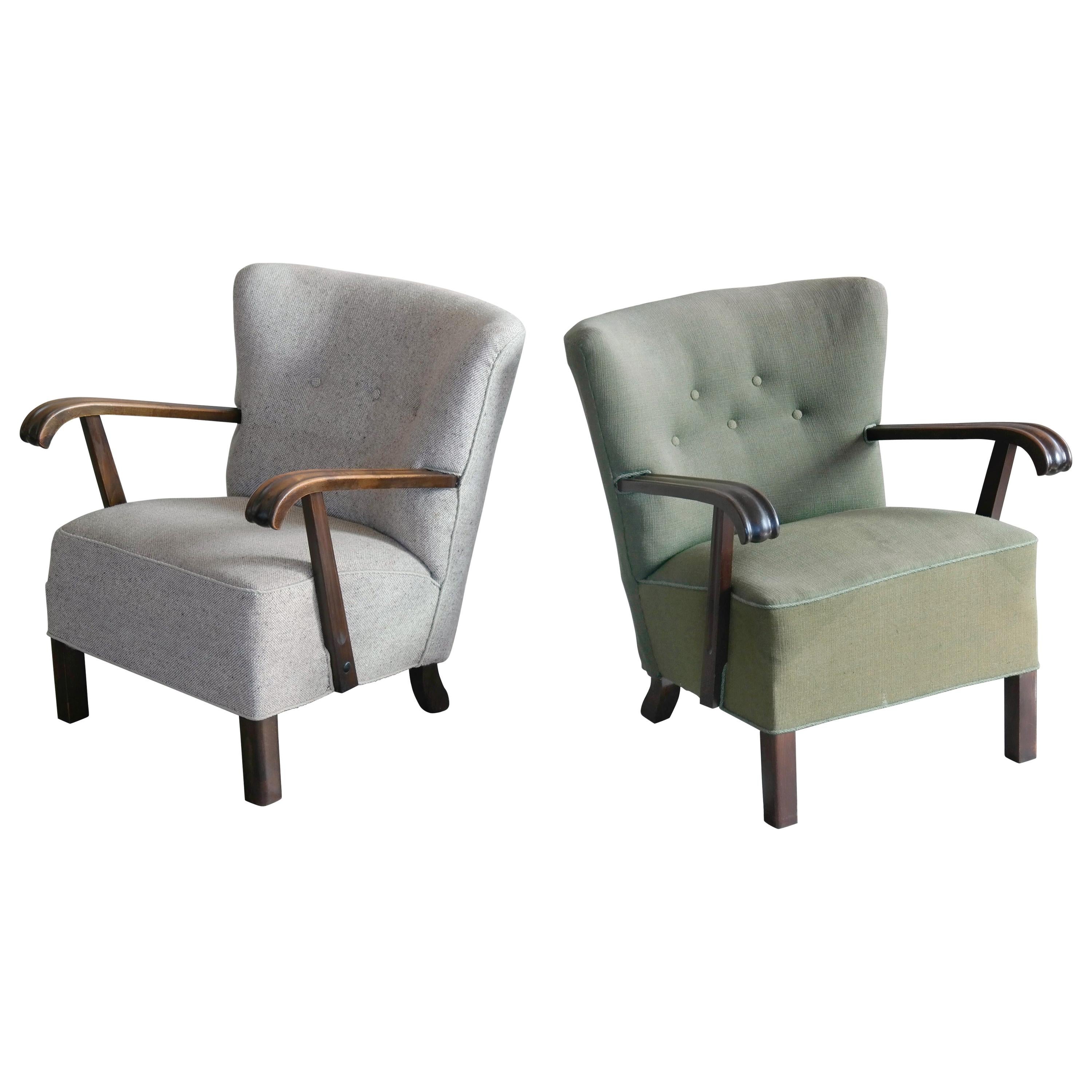 Pair of Fritz Hansen Style Danish Easy Lounge or Club Chairs, 1940s