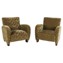 Pair of Fritz Hansen Style Green Damask Velour Lounge Chairs, Circa 1950's