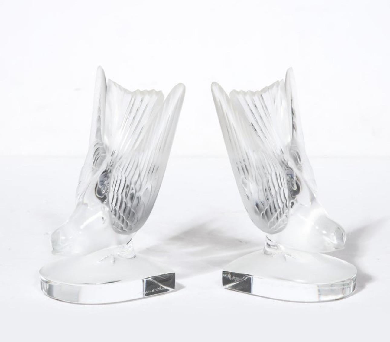 Art Deco Pair of Frosted Crystal Hirondelle / Swallow Bookends by Lalique of France For Sale
