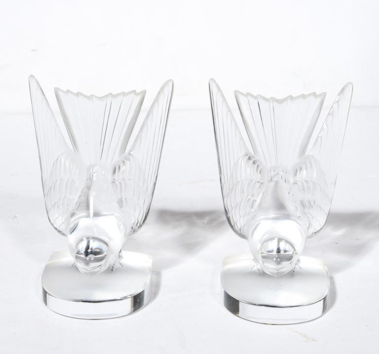 French Pair of Frosted Crystal Hirondelle / Swallow Bookends by Lalique of France For Sale