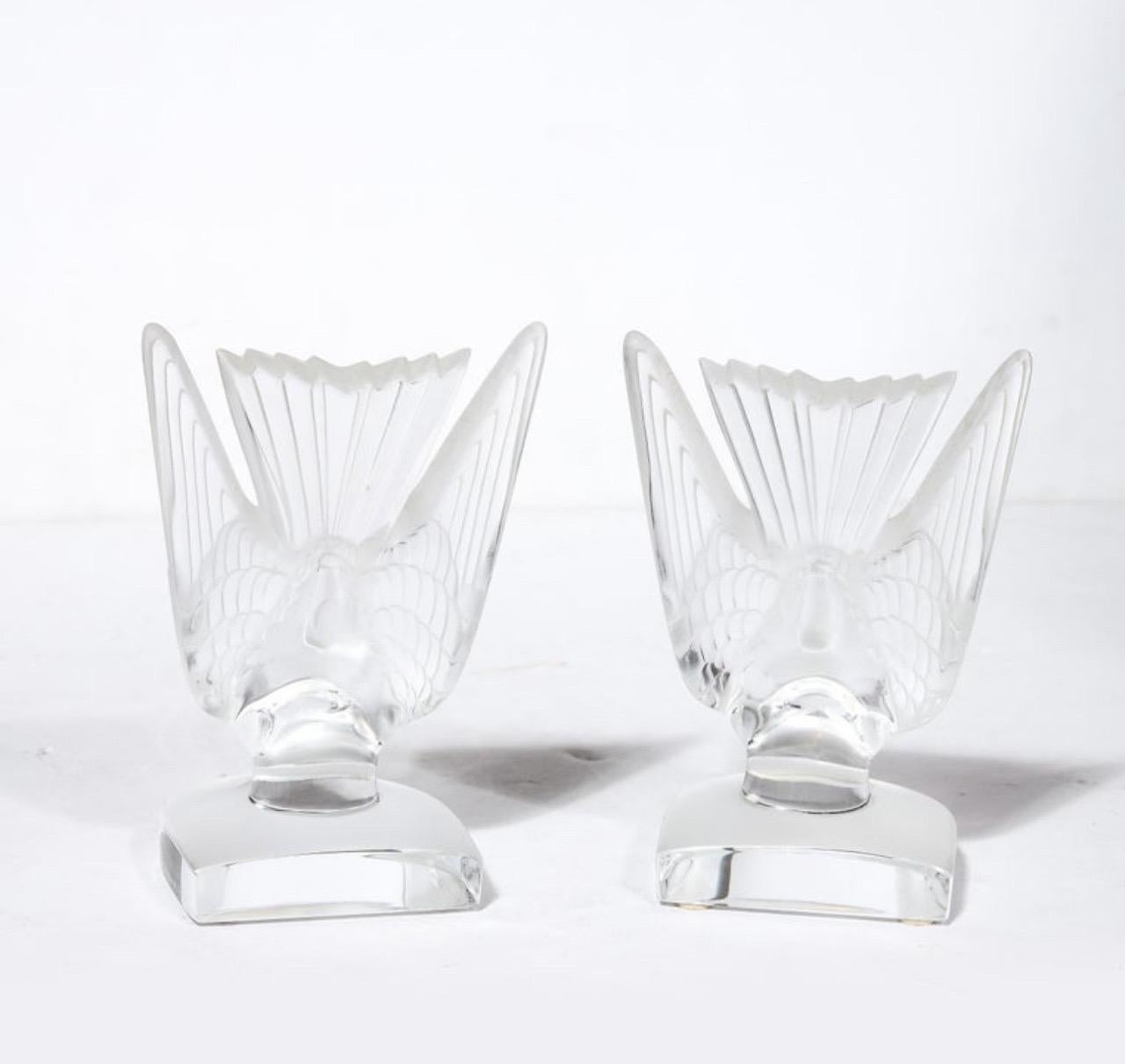 20th Century Pair of Frosted Crystal Hirondelle / Swallow Bookends by Lalique of France For Sale