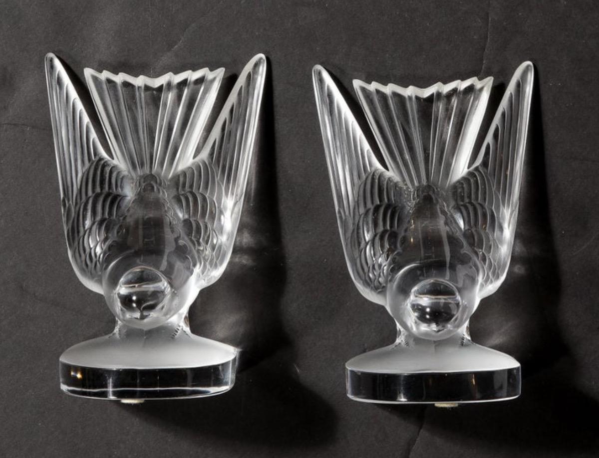Pair of Frosted Crystal Hirondelle / Swallow Bookends by Lalique of France For Sale 1