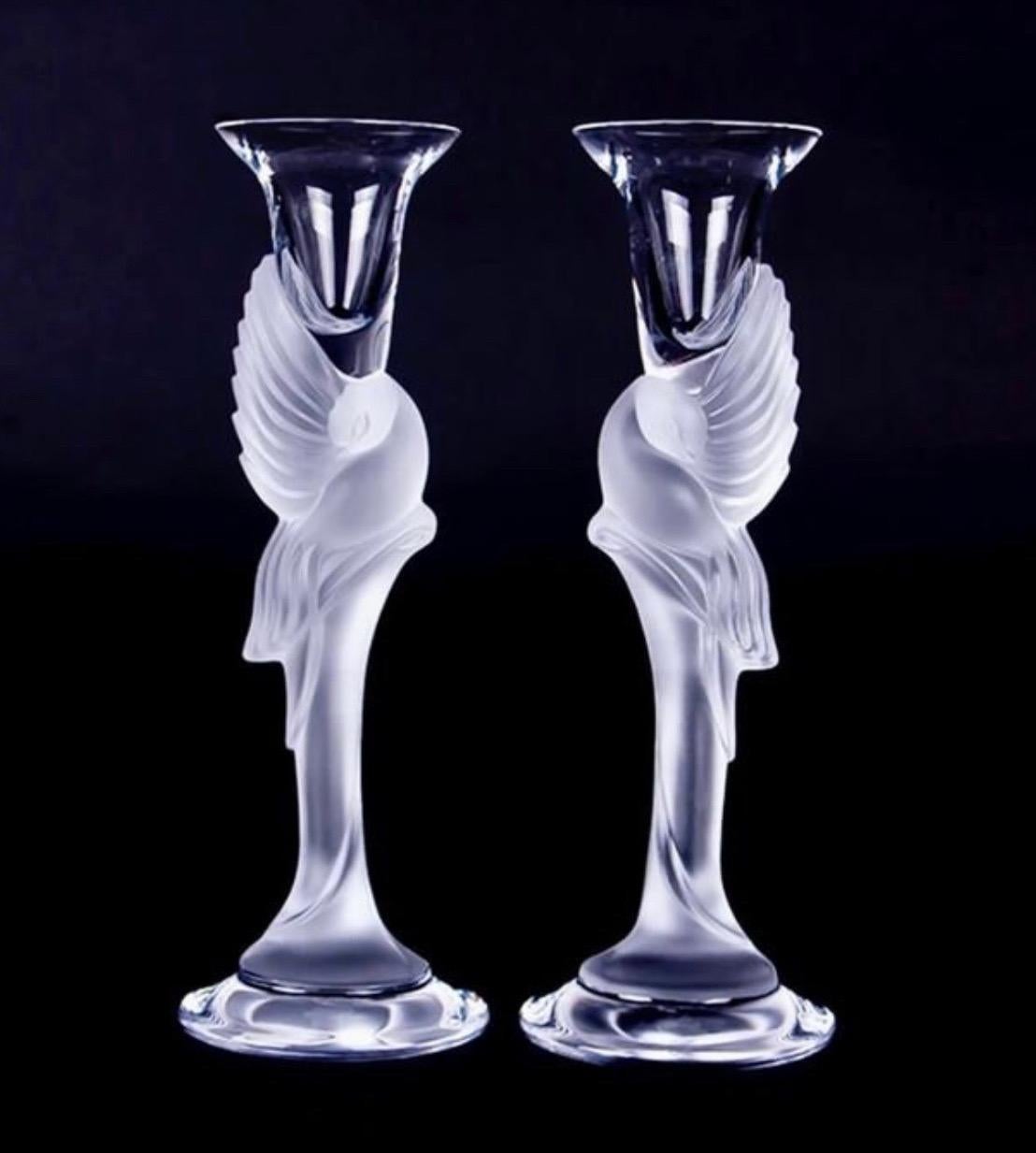 French Pair of Frosted Crystal Snow Dove Candlesticks by Igor Carl for Faberge For Sale