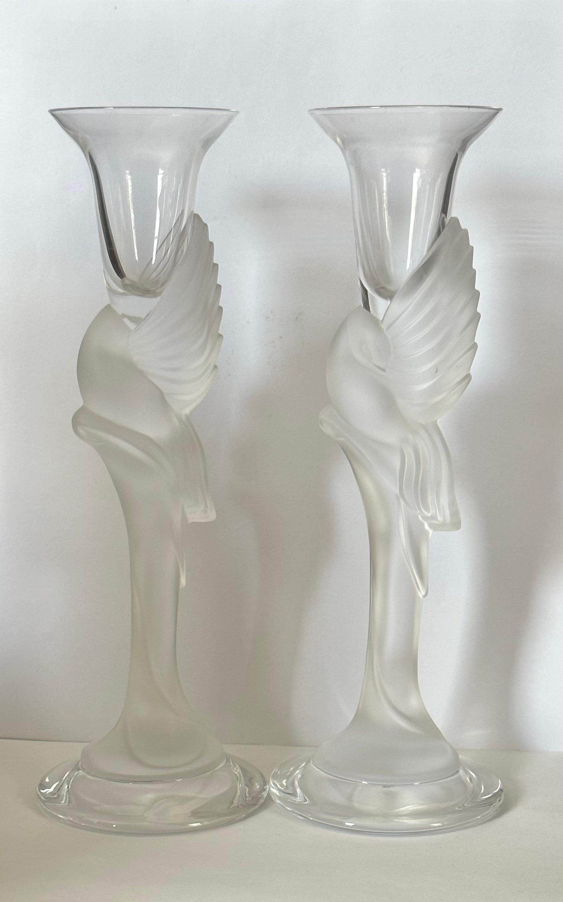 Pair of Frosted Crystal Snow Dove Candlesticks by Igor Carl for Faberge In Good Condition For Sale In San Diego, CA