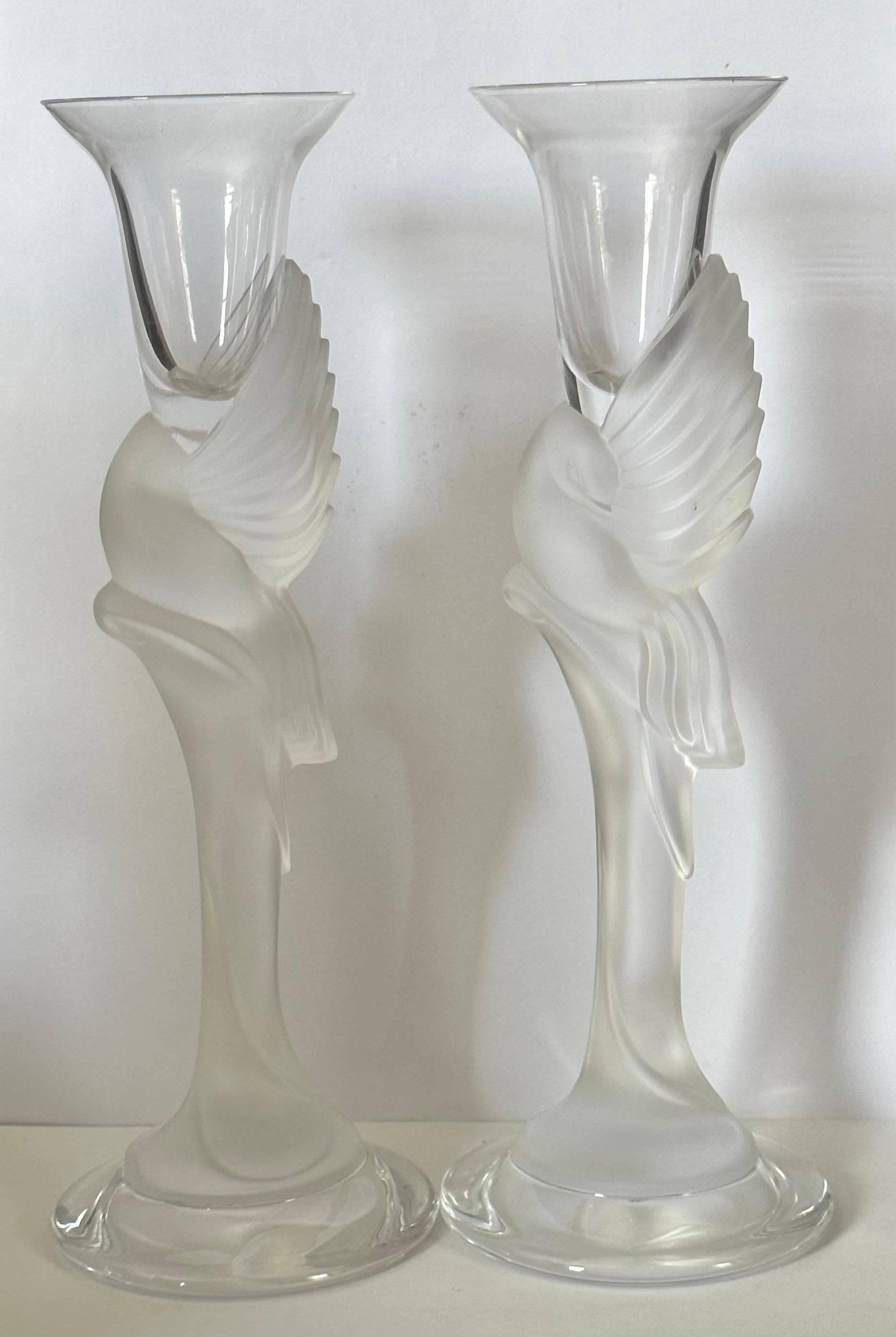 20th Century Pair of Frosted Crystal Snow Dove Candlesticks by Igor Carl for Faberge For Sale