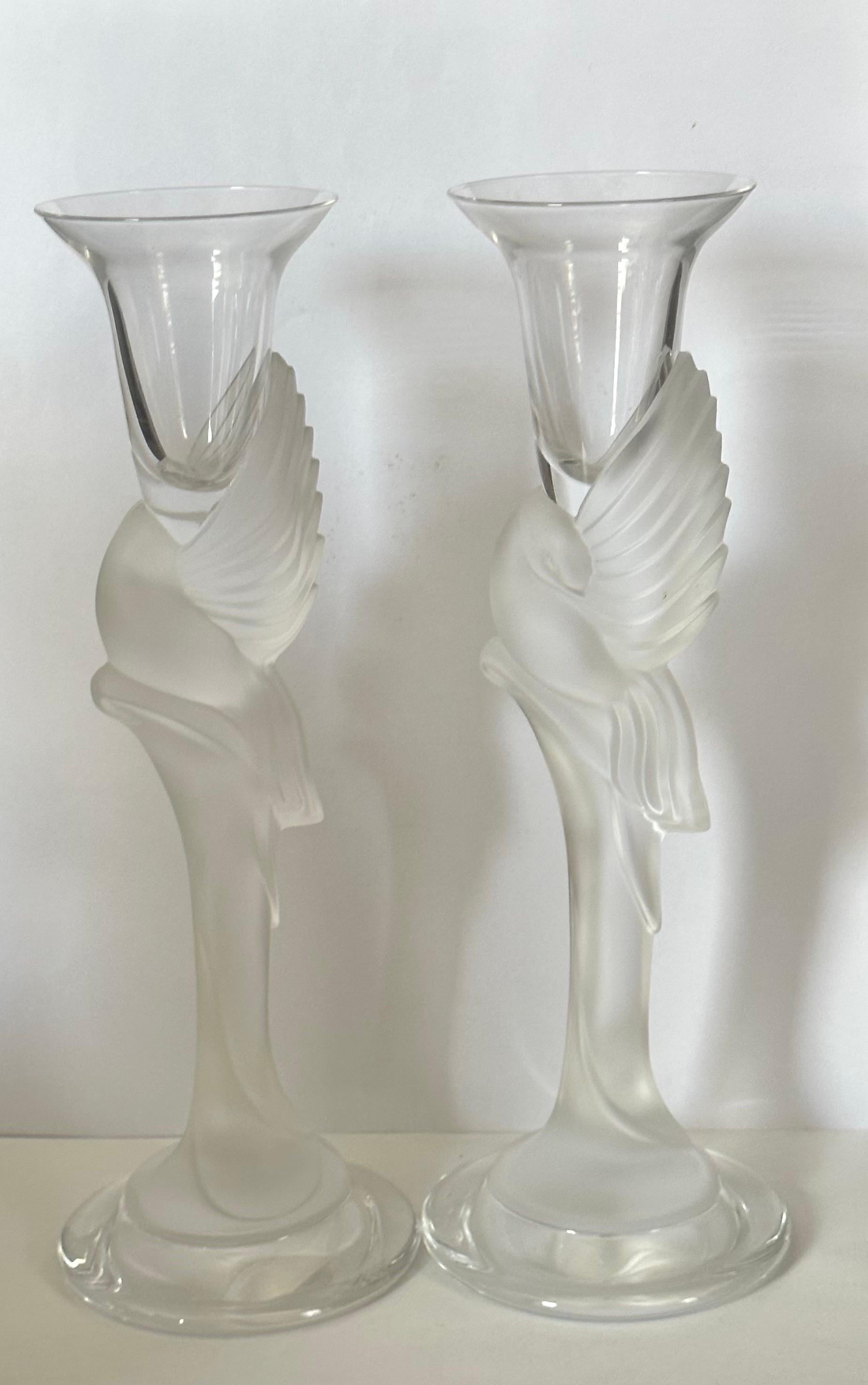 Pair of Frosted Crystal Snow Dove Candlesticks by Igor Carl for Faberge For Sale 1