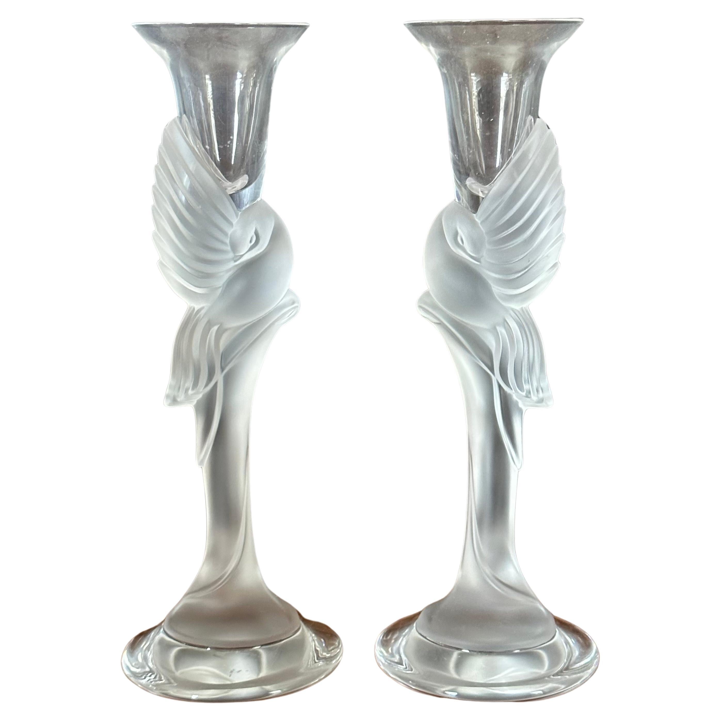 Pair of Frosted Crystal Snow Dove Candlesticks by Igor Carl for Faberge For Sale