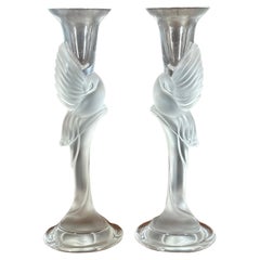 Vintage Pair of Frosted Crystal Snow Dove Candlesticks by Igor Carl for Faberge