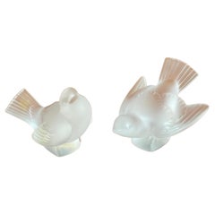 Pair of Frosted Crystal Sparrow / Bird Sculptures by Lalique of France