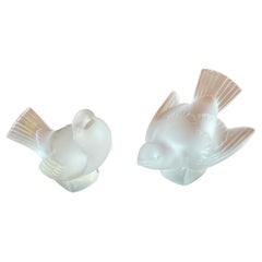 Pair of Frosted Crystal Sparrow / Bird Sculptures by Lalique of France