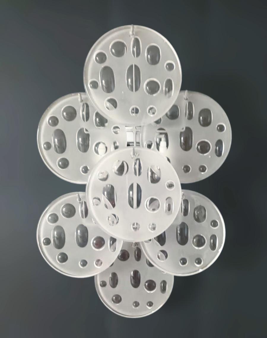 Italian wall light with frosted circular glass discs / Made in Italy in the style of Mazzega, circa 1960s
Measures: Height 19.5 inches, width 12 inches, depth 5 inches
2 lights / E12 or E14 type / max 40W each
1 pair available in stock in