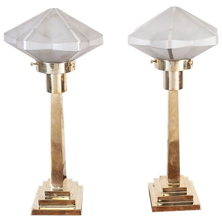 Pair of Frosted Glass and Brass Table Lamps, Late 1970s