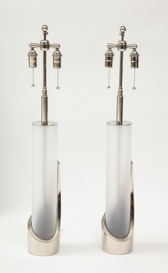 Pair of Frosted Glass and Chrome Lamps by Laurel