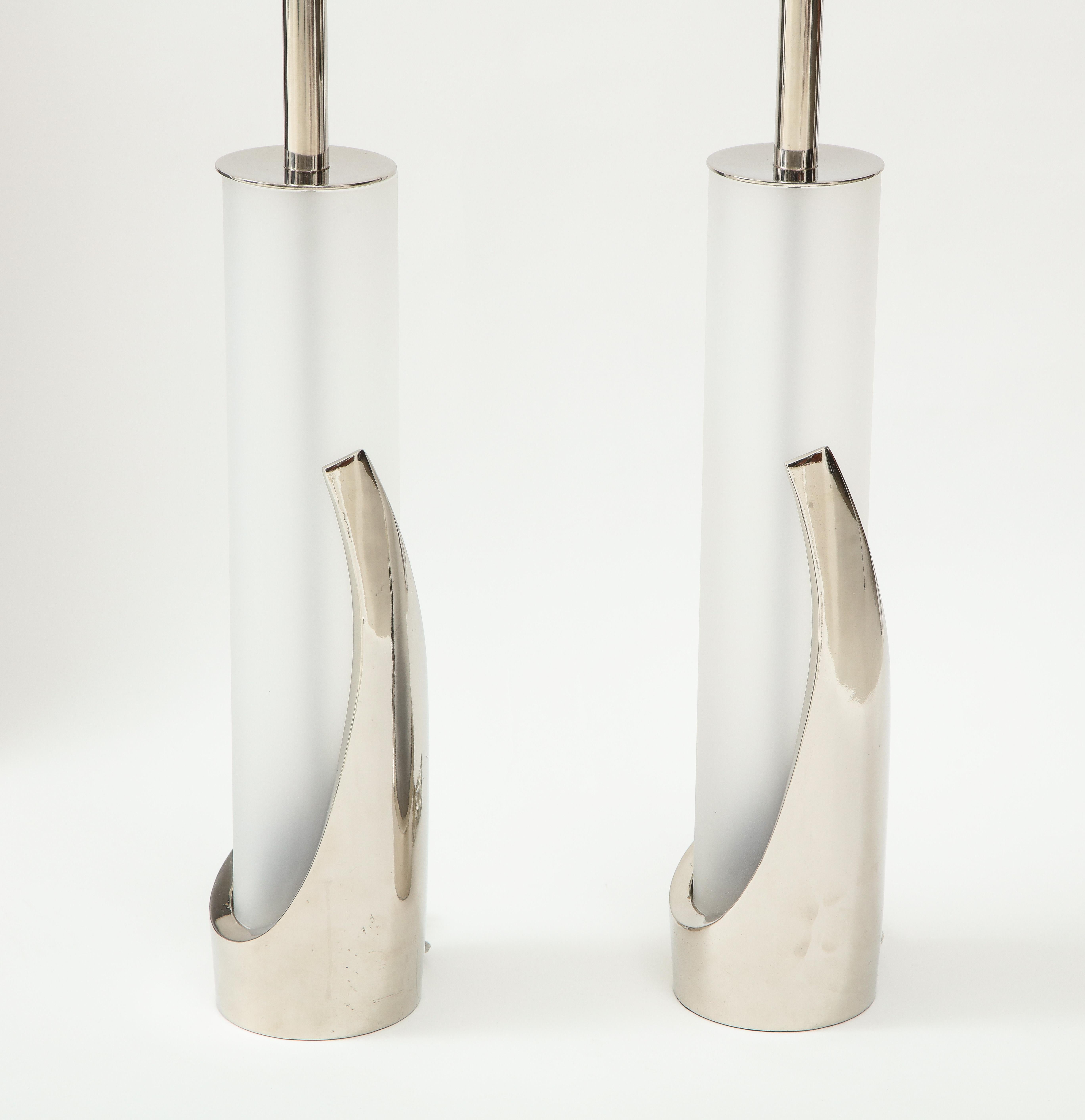 American Pair of Frosted Glass and Chrome Lamps by Laurel For Sale