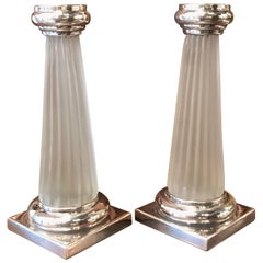 Pair of Frosted Glass and Sterling Silver Column Form Candlesticks