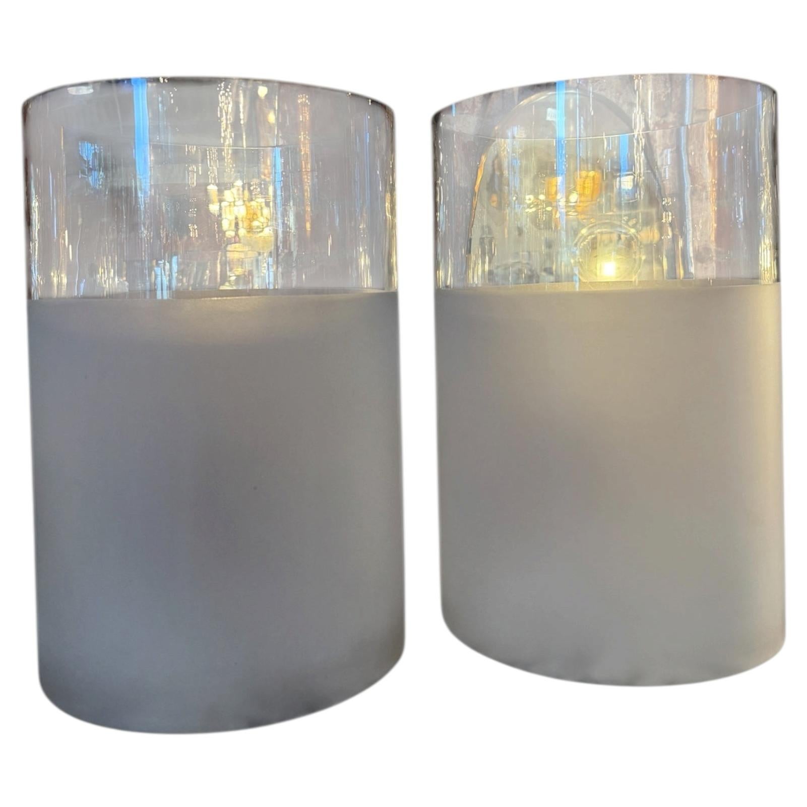 Pair of Frosted Glass Cylinder Table Lamps For Sale