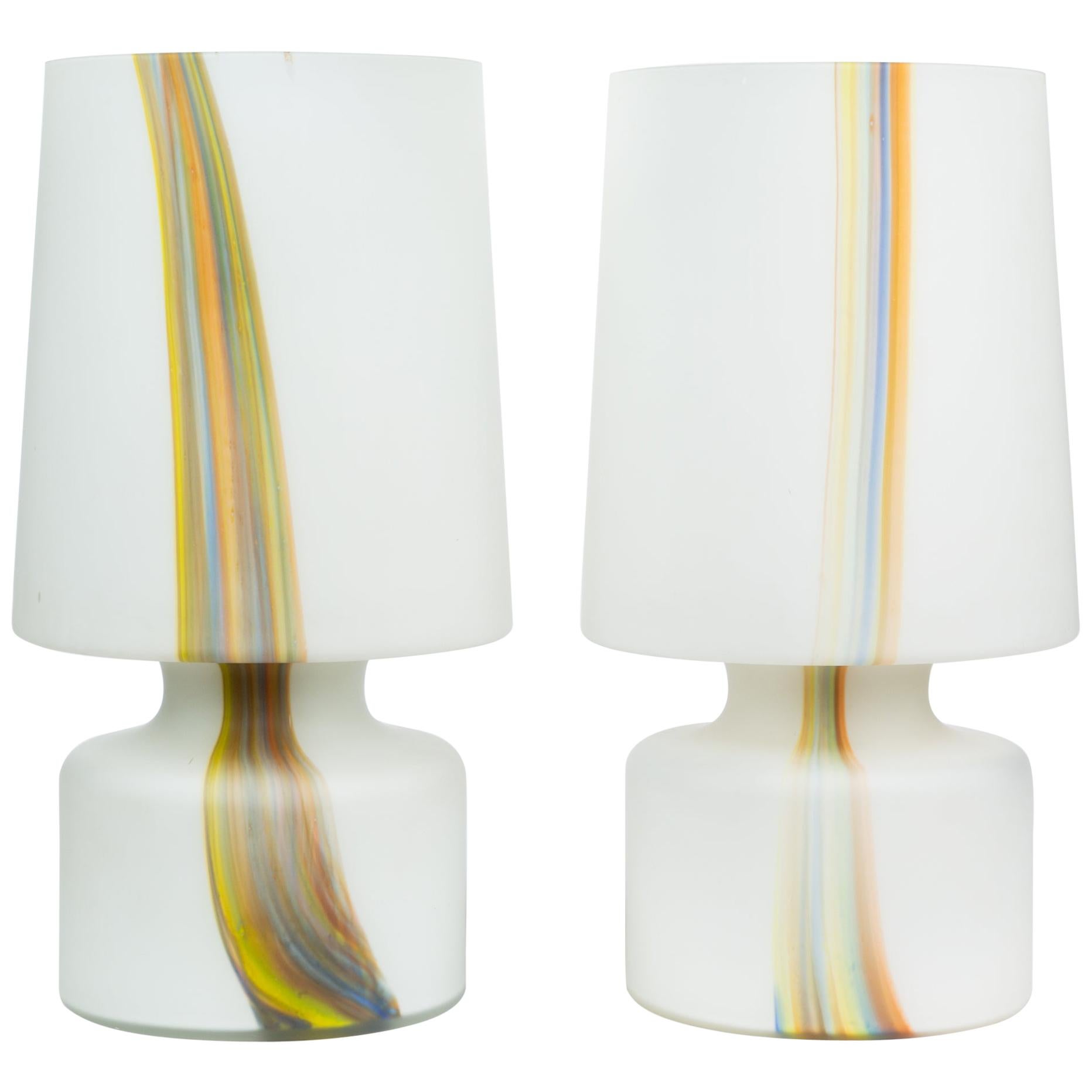 Pair of Laurel Lamp Co. Frosted Glass Lamps with Multi-Color Detail 