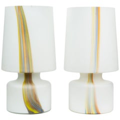 Vintage Pair of Laurel Lamp Co. Frosted Glass Lamps with Multi-Color Detail 