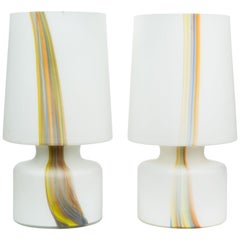 Pair of Laurel Lamp Co. Frosted Glass Lamps with Multi-Color Detail