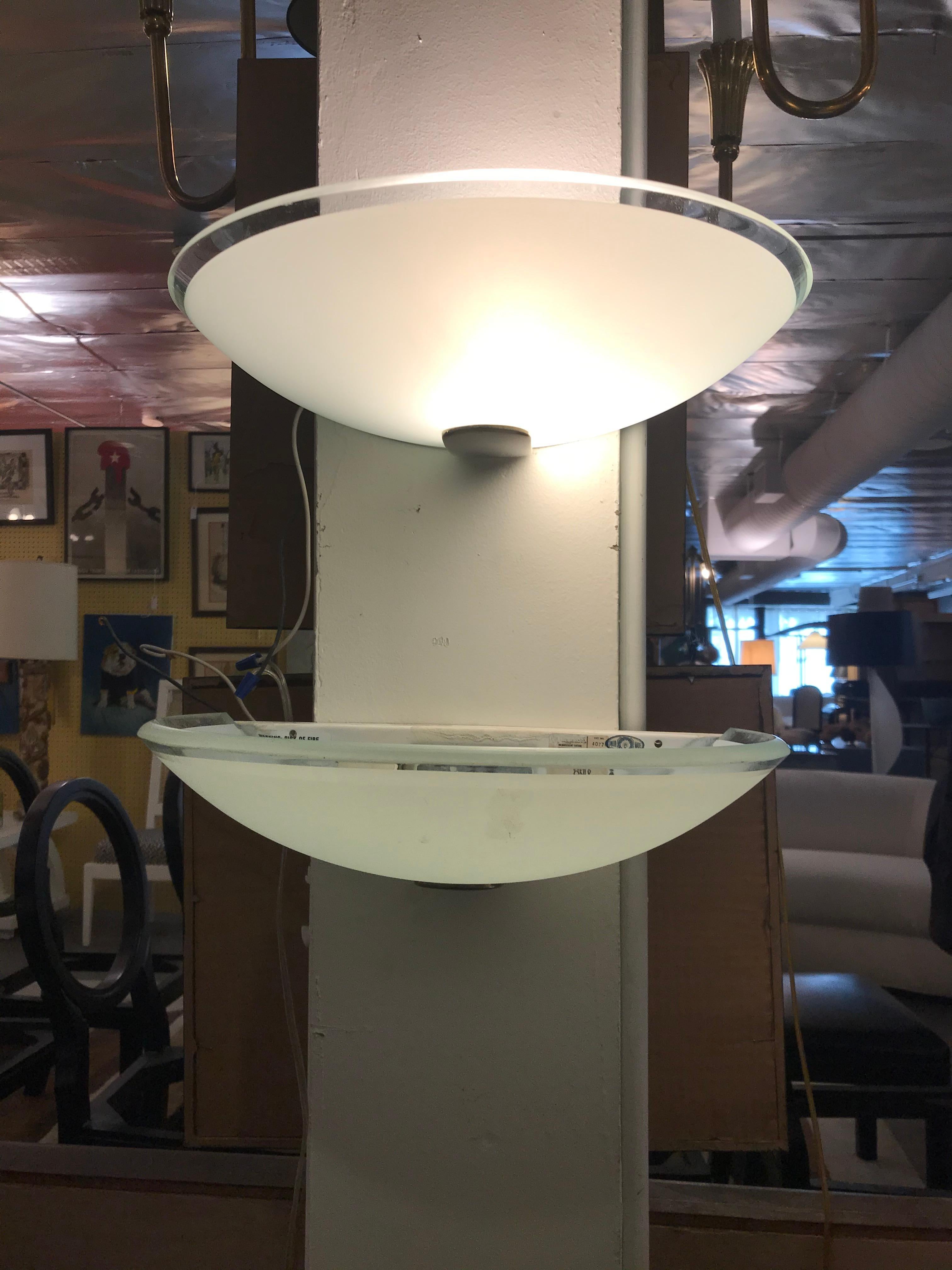 Mid-Century Modern Mid-Century Pair of Frosted Glass and Chrome Lightolier Sconces For Sale