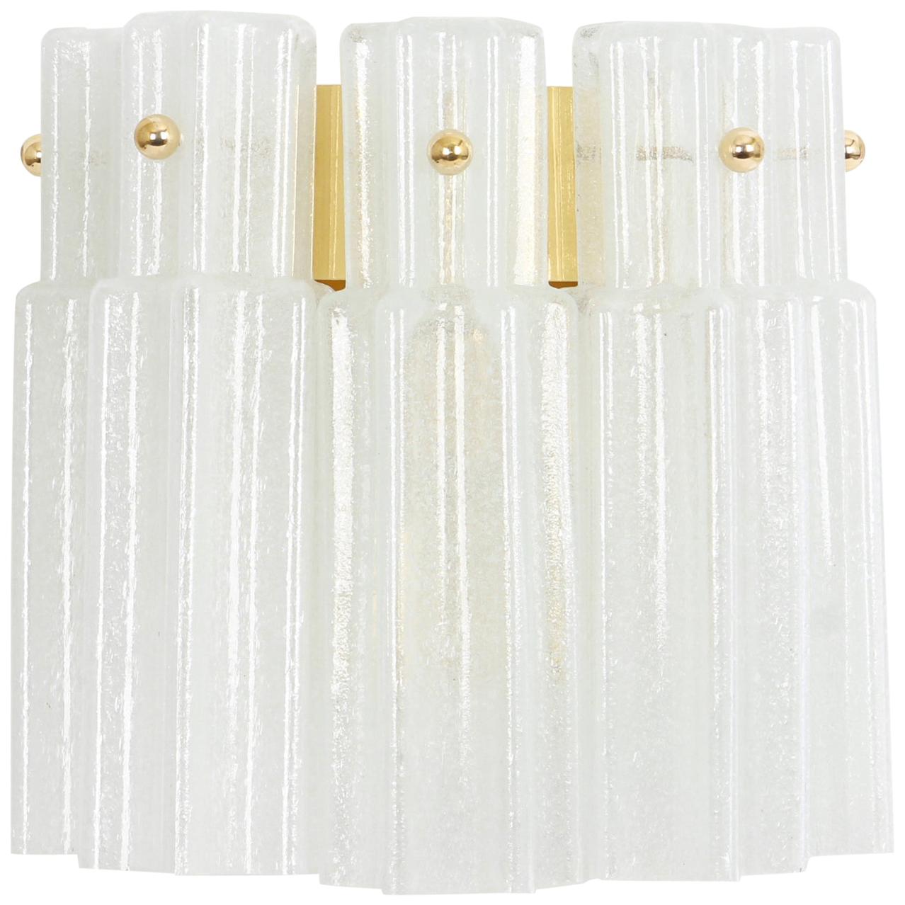 Beautiful wall light with 4 frosted glasses on a brass frame-design by Glashütte Limburg, Germany. Manufactured in midcentury, circa 1960.
High quality and in very good condition. Cleaned, well-wired and ready to use. 

The fixture requires one