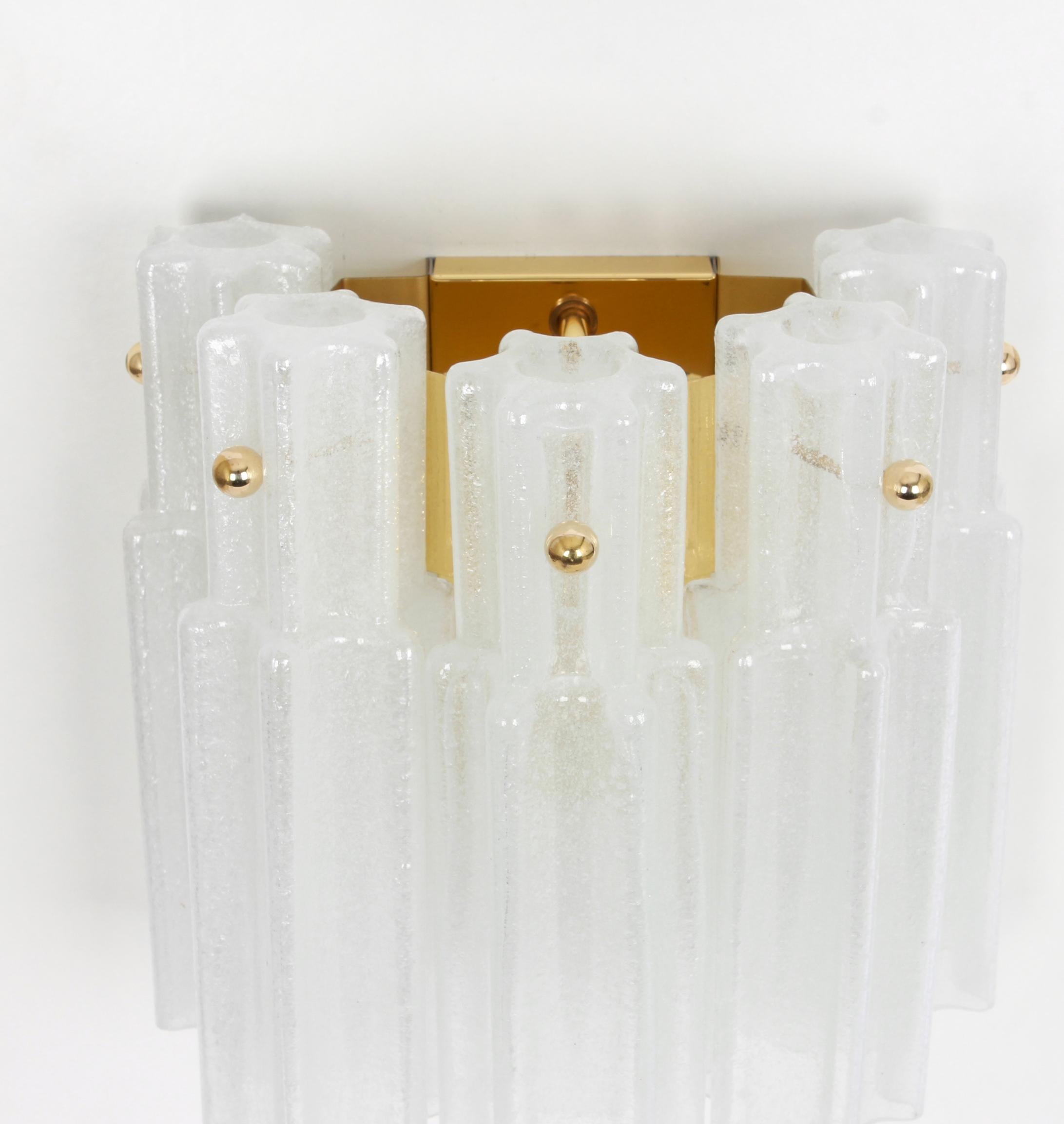 Brass Pair of Frosted Glass Wall Lights by Limburg, Germany, 1960s