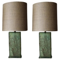 Pair of Frosted Green Acrylic Lamps with Carved Trees