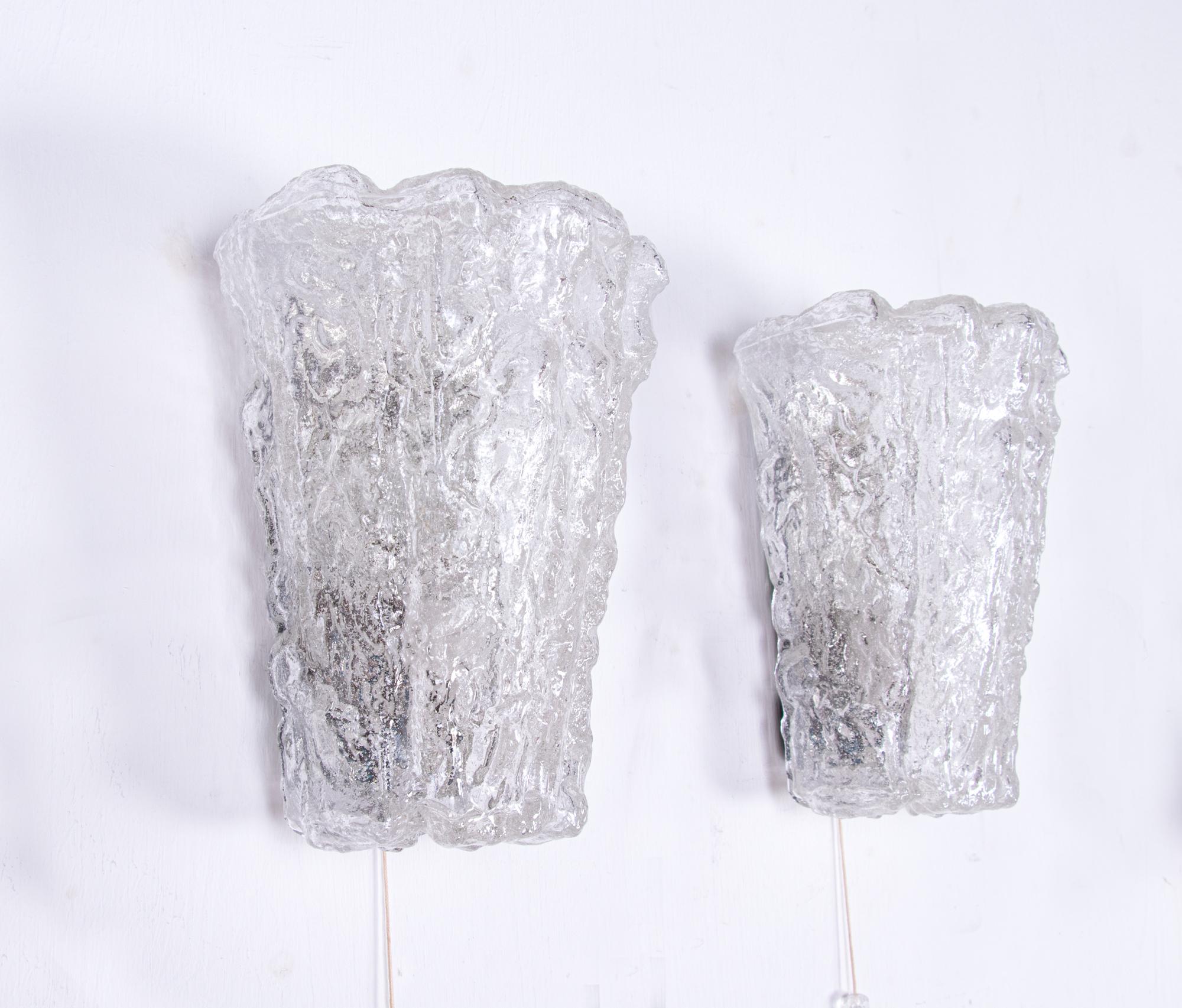 Hand-Crafted Pair of Frosted Ice Glass Wall Sconces by Glashütte Limburg, Germany, 1960s For Sale