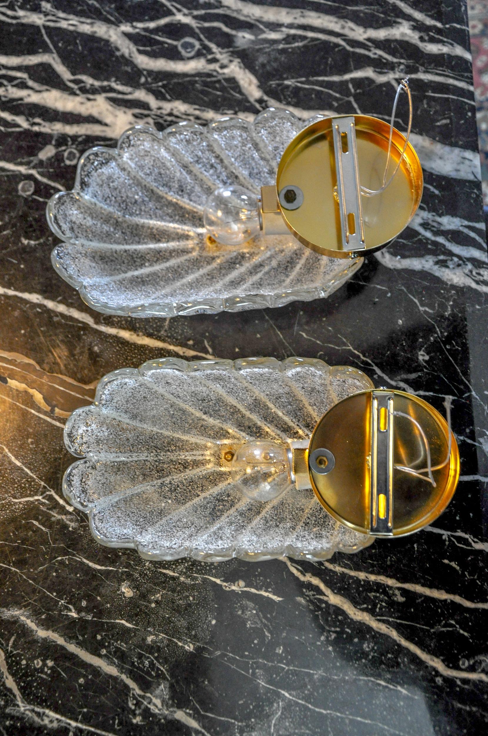 Crystal Pair of frosted leaf sconces, murano glass, italy, 1970 For Sale