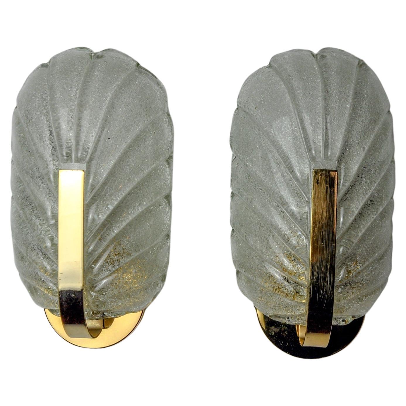 Pair of frosted leaf sconces, murano glass, italy, 1970 For Sale