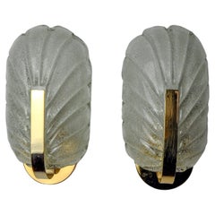 Vintage Pair of frosted leaf sconces, murano glass, italy, 1970