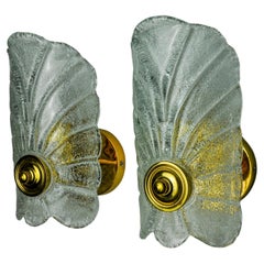 Pair of frosted leaf sconces, murano glass, italy, 1970