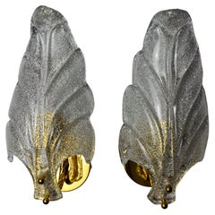 Pair of frosted leaf sconces, Murano glass, Italy, 1970