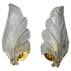 Pair of frosted leaf sconces, Murano glass, Italy, 1970